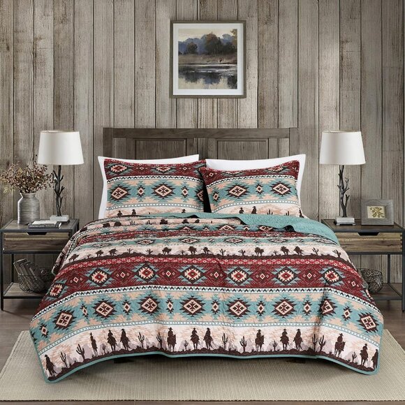 Chezmoi Collection Dune 3-Piece Southwestern Cowboys Aztec Quilt Set - Picture 1 of 8
